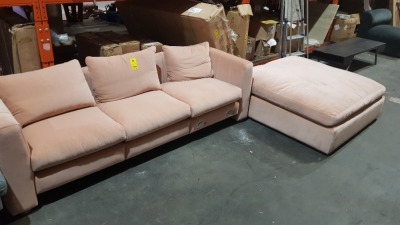 1 X 3 SEATER L SHAPE VELVET SOFA IN PINK - AND 1X LARGE FOOT REST - MISSING L SHAPE 220X80X70 SCUFFS AND DUST MARKS (SOFA.COM RETURNS)