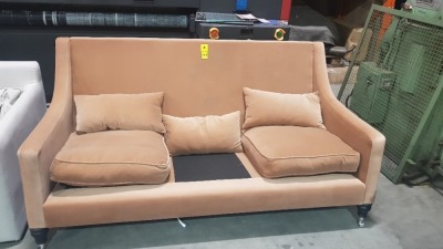 1 X 3 SEATER VELVET STYLE SOFA IN BROWN - CENTRE CUSHION MISSING - 190X95X90CM PLEASE NOTE DUSK MARKS (SOFA.COM RETURNS)