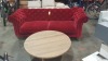 1 X 2 SEATER RED VELVET BUTTONED BACK SOFA ALSO TO INCLUDE WOODED ROUND COFFE TABLE ( 104 CM DIAM - 44 CM HEIGHT ) ( 220 X 100 X 80 CM ) ( SOFA.COM RETURN )