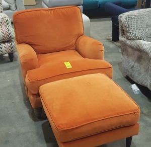 1 X HIGH BACK ORANGE VELVET STYLE ARMSCHAIR WITH MATCHING FOOT STOOL ( SOFA.COM RETURNS )