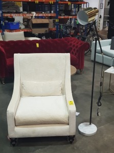 1 X HIGH BACK CREAM COLOURED ARM CHAIR ( SOFA.COM RETURN ) ALSO TO INCLUDE READING LAMP IN BLACK WITH GOLD ACCENTS AND MARBLE BASE ( NO LIGHTBULB )