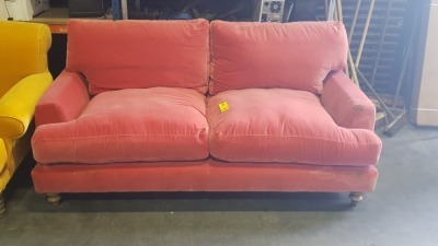 1 X 2 SEATER RED COLOURED VELVET SOFA ( 190 X 100 X 73 CM ) SCUFFS AND STAINS ALL OVER ( SOFA.COM RETURN )