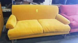 1 X 2 SEATER MUSTARD COLOURED VELVET FLAT BACK SOFA ( 190 X 120 X 87 CM ) SLIGHT RIP ON BOTTOM RIGHT CORNER ( SOFA.COM RETURN )