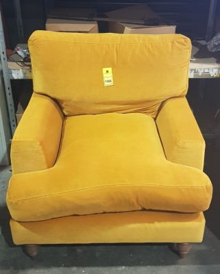 1 X SINGLE MUSTARD COLOURED VELVET ARMCHAIR ( SOFA.COM RETURN )