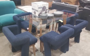 1 X GLASS TOP WOODEN BASE DINING TABLE WITH 6 BLUE DINING CHAIRS AND ALSO TO INCLUDE HOMELIFE 12 PIECE STONEWARE DINNER SET ( NOTE SLIGHT SCRATCHING ON GLASS AND FEW SCUFFS ON CHAIR LEGS ) ( SOFA.COM RETURNS )