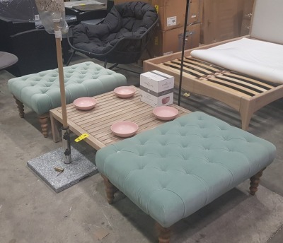 6 PIECE MIXED LOT CONTAINING 2 X SMALL RECTANGLE VALENTIN FOOTREST/ BENCHES / 1 X WOODEN SQUARE LOQ TABLE / 1 X MARBLE BASE PARASOL / 1 X STUDIO BLACK STANDING LAMP / 1 X HOMELIFE PACK OF 4 PASTA BOWLS IN PINK ( SOFA,COM RETURNS )