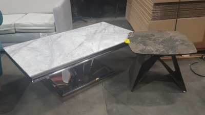 1 X BRAND NEW GLASS TOP METAL BASE STONE EFFECT COFFEE TABLE IN BROWN - 60CM X 60CM X 48CM HEIGHT PLUS 1 X BRAND NEW GRANITE TOP CHROME BASE COFFEE TABLE - 130CM LENGTH - 70CM WIDTH - 45CM HEIGHT