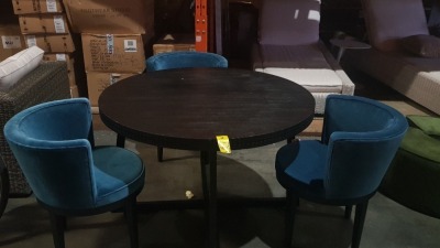 1 X WOODEN ROUND COFFEE TABLE ( SCUFFS AND MARKED OVER SURFACE) - (120 CM DIAM - 76 CM HEIGHT ) AND 3 X CURVED BACK BLUE VELVET STYLE ARM CHAIRS ( SOFA.COM RETURNS )