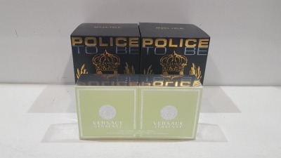 4 X BRAND NEW SCENTS IE. 2 X POLICE 125ML EDT TO BE THE KING & 2 X VERSACE 30ML VERSENSE - SEALED