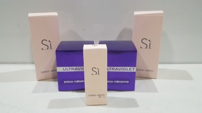 5 X BRAND NEW SCENTS IE. 2 X GIORGIO ARMANI 100ML EDP SI 1 X GIORGIO ARMANI 15ML EDP SI 2 X PACO ROBANN2 60ML ULTRAVIOLET