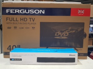 1 X FERGUSON 40 INCH FULL HD TV WITH BUILT IN DVD PLAYER ( F4020F) WITH REMOTE AND STAND (GRADE A- ) PLUS 1 X BRAND NEW WALL MOUNTABLE 2 CHANNEL BLUETOOTH SOUNDBAR MODEL : YW-S15M