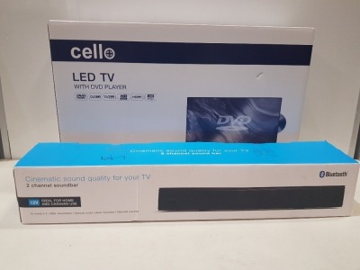 1 X CELLO 24 INCH LED TV WITH BUILT IN DVD PLAYER ( C2424F) (GRADE A- ) PLUS 1 X BRAND NEW WALL MOUNTABLE 2 CHANNEL BLUETOOTH SOUNDBAR MODEL : YW-S15M