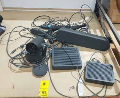 MISC LOGITECH LOT IE. RALLY V-R0010 P/N 860-000569 CAMERA, DISPLAY HUB, TABLE HUB, RALLY SPEAKER & SELECTION OF CABLES & POWER ADAPTERS