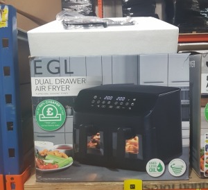 1 X EGL DUAL DRAWER AIR FRYER 9L - BOX OPENED BUT APPEARS NEW WITH ALL ORIGINAL PACKAGING