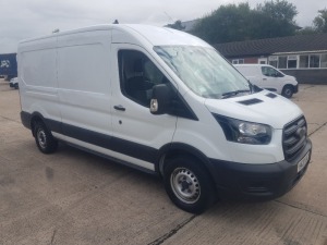 WHITE FORD TRANSIT 350 LEADER ECOBLU DIESEL PANEL VAN 1995CC FIRST REGISTERED 25/8/2020 REG: HK20UKC MILEAGE: 38,044.6 MILES 3 SEATER CAB, RACKED OUT WITH (HUBB SYSTEMS RACKING) ELECTRIC WINDOWS, WING MIRROR MISSING, BODYWORK DAMAGE ON DRIVERS SEAT, FUME 