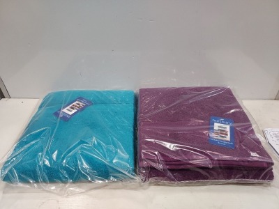 20 X BRAND NEW MUSBURY FABRICS SUPERSOFT TOWELS CONTAINING 10 TOWELS IN TEAL - 10 TOWELS IN GRAPE IN SIZE 100 X 150 IN 2 BOXES