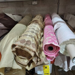 4 X BRAND NEW CURTAIN FABRIC ROLL INCLUDING 1 IN ANDANTE DESIGN IN ROSEQUARTZ COLOUR - APPROX 25M IN LENGTH - 140 CM WIDE - 1 IN WOODLAND DESIGN IN ROSE COLOUR APPROX 20M IN LENGTH - 140 CM WIDE - 1 IN DIAMANTE DESIGN IN OLIVE COLOUR - APPROX 20M IN LE