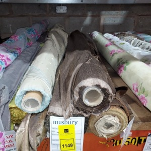 12 X BRAND NEW MIXED CURTAIN FABRIC LOT CONTAINING 1 VISION STYLE IN BROWN CHEQUERED DESIGN - 1 SILKY DESIGN - 1 ACANTHIUM DESIGN - 1 POLO DESIGN IN GREEN - 1 DELPHINIUM DEVORE IN SEE THROUGH FLORAL DESIGN ETC APPROX 15M OF FABRIC ON EACH ROLL