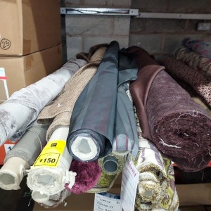 11 X BRAND NEW MIXED FABRIC ROLL LOT CCONTAINING 1 ESME IN FLORAL DESIGN - 1 ZANZIBAR DESIGN IN BRONZE - 1 BOHEME STRIPE IN GREY - 1 LOTTIE DESIGN IN PURPLE AND YELLOW CIRCULAR DESIGN - 1 ELEMENT DESIGN IN MAGENTA STRIPED ETC APPROX 15M OF FABRIC ON EACH 