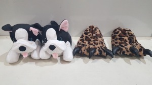 11 X BRAND NEW MIXED ANIMAL SLIPPERS TO INCLUDE 9 ZIGZAG PUPPY STYLE SLIPPERS IN BLACK AND WHITE SIZE M -12/13 - 2 NOVELTIES CLAWED LEOPARD STYLE SLIPPERS IN SIZE S - 3/4 IN ONE BOX