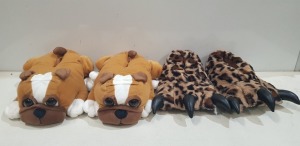 11 X BRAND NEW MIXED ANIMAL SLIPPERS TO INCLIDE 9 ZIGZAG BULLDOG STYLE SLIPPERS IN BROWN AND WHITE SIZE S 10-11 -LARGE 1-2 - 2 NOVELTIES CLAWED LEOPARD STYLE SLIPPERS IN SIZE S - 3/4 IN ONE BOX