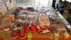 24 X EX DISPLAY MIXED KIDS SLIDERS/ SLIPPERS LOT CONTAINING DE FONSECA ITALIAN DESIGN SANDALS IN RED AND WHITE SIZE EU 29 - DISNEY SANDALS IN RED SIZE EU 30 - DE FONSECA ORANGE CROCS SIZE EU 22/23 - LISA SIMPSON SLIPPERS SIZE EU 33/34 - DE FONSECA SLIPPER