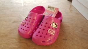 65 X BRAND NEW HELLO KITTY KIDS CROCS IN GLITTERED PINK WITH HELLO KITTY SYMBOL - SIZES INCLUDE 10--11-12-13-1 ETC IN 2 BOXES