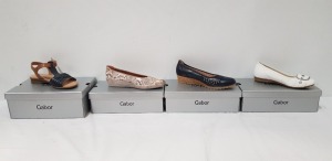 7 X BRAND NEW MIXED GABOR SHOE LOT CONTAINING LAS VEGS BALLET PUMP IN WHITE SIZE UK 3 - 4 LOW WEDGE CASUAL SNAKEPRINT IN GOLD SIZES UK 5.5 , 6.5, 7 - LEATHER CHIFFRON ESPADRILLE MIDNIGHT WITH RAFFA - GLOVE VACCHETTA SANDAL IN NAVY SIZE UK 5