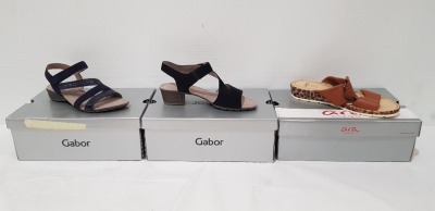 7 X BRAND NEW MIXED WOMENS SHOE LOT CONTAINING 3 MISSISSIPPI SUEDE & PATENT SANDAL IN NAVY BLUE SIZES INCLUDE 2 UK SIZE 5 AND SIZE UK 4 - 2 GABOR SLING BACK STRAPPY SUEDE SANDAL IN BLACK IN SIZE 5.5 - MISSISSIPI MULIN RUBIN RED IN SIZE UK 4 - ARA GLOVEKID