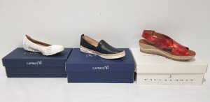 6 X BRAND NEW WOMENS MIXED SHOE LOT CONTAINING 4 CAPRICE BLACK NAPPA ESPADRILLES IN BLACK 3 IN SIZE UK 5 1 IN SIZE UK 4.5 - 1 CAPRICE BALLET PUMPS CUT OUT LEATHER IN SIZE UK 4 - PAULA URBAN MURANO WEDGE - IN BURNT ORANGE SNAKE SIZE EU 40