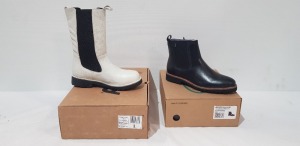 6 X BRAND NEW MIXED LOT CONTINING 4 PAIRS OF WOMENS POD ESSENTIALS PIPER'S IN BLACK SIZE 6 , 2 PAIR'S OF POD INDRA LADIES BIKER STYLE LEATHER BOOTS IN BLACK AND WHITE SIZE 39 , ALL IN BOXES