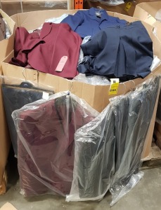 250 X BRAND NEW MIXED SCHOOL UNIFORM LOT CONTAINING BOYS TROUSERS IN NAVY PIN STRIPE - MAROON BOYS BLAZER - GIRLS BLACK BLAZER - TROUSERS WITH BLACK ELASTIC IN NAVY - BROWN TROUSERS - GIRLS SLIM FIT 3/4 SLEEVE BLOUSE ALL IN MIXED SIZES ETC IN A FULL PALLE