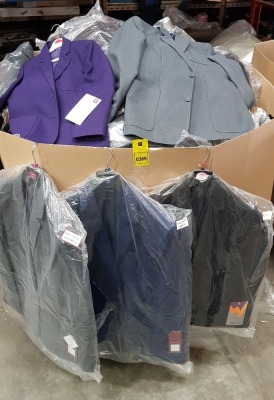 250 X BRAND NEW MIXED BLAZER LOT CONTAINING BOYS BLAZER IN SLATE GREY - BOYS BLAZER IN BLACK - BOYS BLAZER IN ROYAL BLUE - GIRLS BLAZER IN PURPLE IN VARIOUS SIZES ETC IN ONE FULL PALLET