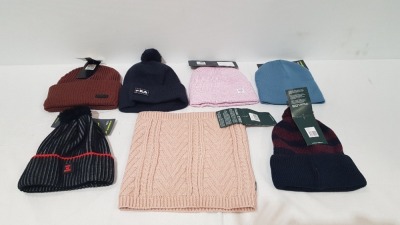 40 X BRAND NEW MIXED WINTER ACCESORY LOT CONTAINING PINK WOOLY OUTVENTURE SNOOD - TERMIT WOOLY HAT IN BROWN - NORTHLAND WOOLY HAT IN GREY AND WHITE - DEMIX BEANIE HAT - GLISSADE WOOLY HAT IN BLACK - DEMIX ARMY PRINT WOOLY HAT ETC IN ONE FULL TRAY - TRAY