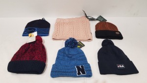 40 X BRAND NEW MIXED WINTER WEAR LOT CONTAINING FILA WOOLY HAT IN NAVY BLUE - GLISSADE WOOLY HAT IN BLUE/ NAVY - FILA BEANIE HAT IN PINK - DEMIX BEANIE HAT IN WHITE - OUTVENTURE BEANIE HAT IN NAVY BLUE AND RED ETC IN ONE FULL TRAY - TRAY NOT INCLUDED