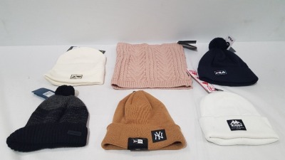 40 X BRAND NEW MIXED WINTER HAT LOT CONTAINING OUTVENTURE SNOOD IN PINK - TERMIT BEANIE HAT - FILA BEANIE HAT IN NAVY BLUE - DEMIX BEANIE IN WHITE - NEW ERA BEANIE IN BROWN - DEMIX HAT IN NAVY BLUE ETC IN ONE FULL TRAY - TRAY NOT INCLUDED