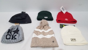 40 X BRAND NEW MIXED HAT LOT CONTAINING OUTVENTURE BEANIE HAT IN GREEN - GLISSADE BEANIE HAT IN GREY AND WHITE -- KAPPA WOOLY HAT IN RED - NECK WARMER IN BLUE - GLISSADE BEANIE IN BLACK - TERMIT WOOLY HAT IN ORANGE - WANNABE WOOLY HAT IN BLACK AND GREY - 