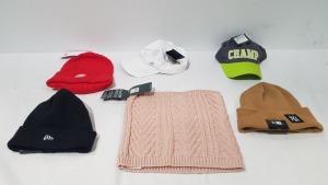 40 X BRAND NEW MIXED HAT LOT CONTAINING DEMIX CAP IN GREY - NEW ERA WOOLY HAT IN BROWN - SNOOD OUTVENTURE IN PINK - OUTVENTURE BEANIE HAT IN BLACK - CHAMP CAP IN GREEN AND BLACK - NEW ERA BEANIE HAT IN BLACK - KAPPA BEANIE IN RED ETC