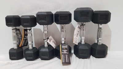 22 X BRAND NEW EVERLAST DUMBBELLS IN PAIRS WEIGHTS INCLUDE 5KG ,4.5KG 4KG ,3.5KG, 3KG , 2KG PLUS 5 SINGLE WEIGHTS IN WEIGHT 6KG, 5KG, 4KG, 3KG, 2KG