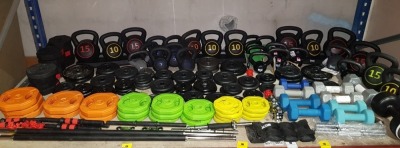 100 + BRAND NEW MIXED WEIGHTS LOT INCLUDING VARIOUS KETTLEBELLS IN WEIGHTS 15KG , 10KG - VARIOUS DUMBBELLS IN 7.5KG, 6KG, 5KG, FREE WEIGHTS IN VARIOUS WEIGHTS AND BARS FOR WEIGHTS WITH SCREWS ETC ON A FULL BAY