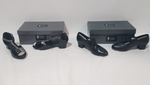 15 X BRAND NEW TAPPERS AND POINTERS BLACK DANCE TAP SHOES AND BLACK AND SILVER HEELED SHOES IN SIZES 2-3