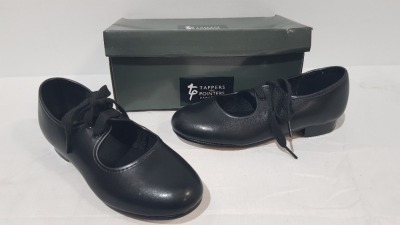 20 X BRAND NEW TAPPERS AND POINTERS BLACK LEATHER DANCE TAP SHOES IN SIZES KIDS 1-3-11-12-13