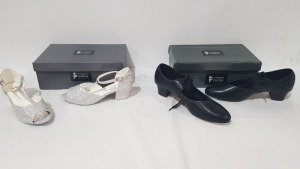 15 X BRAND NEW TAPPERS AND POINTERS BLACK LEATHER DANCE SHOES AND SILVER GLITTER HEELED SHOES IN VARIOUS SIZES