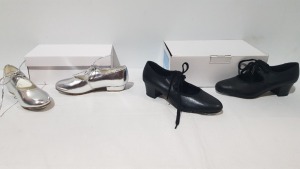 15 X BRAND NEW TAPPERS AND POINTERS SILVER AND BLACK LEATHER TAP DANCE SHOES IN VARIOUS SIZES