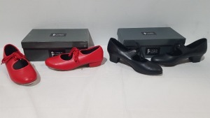 15 X BRAND NEW TAPPERS AND POINTERS RED AND BLACK LEATHER TAP DANCE SHOES IN VARIOUS SIZES