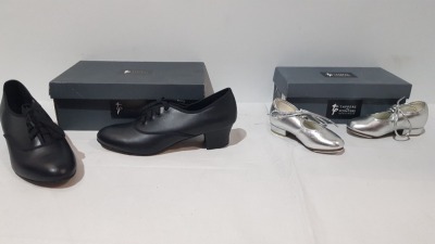 15 X BRAND NEW TAPPERS AND POINTERS BLACK LEATHER DANCE TAPS SHOES AND SILVER DANCE TAP SHOES IN VARIOUS SIZES