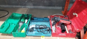 3 PIECE MIXED TOOL LOT CONTAINING 1 X HILTI MD2000 ADHEASIVE DISPENSER EPOXY GUN - WITH CARRY CASE 1 X MERRY TOOLS ELECTRICAL SHEET METAL SHEER - WITH CARRY CASE ( SH1-25) 1 X LEISTER HOT AIR BLOWER WITH CARRY CASE ( CH-6060 )