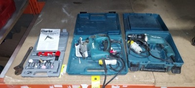 3 PIECE MIXED TOOL LOT CONTAINING 1 X MAKITA 110 V HAMMER DRILL ( HP1631 ) WITH CARRY CASE 1 X MAKITA 110 V JIGSAW ( 4350FCT) WITH CARRY CASE 1 X CLARKE AIR ANGLE DIE GRINDER SET ( CAT 65 )