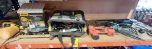 6 PIECE MIXED TOOL LOT CONTAINIG 1 X TACWISE MASTER NAILER 500 EL PRO / 1 X MAKITA ANGLE GRINDER ( GA4530) / 1 X UNBRANDED 240 V JIGSAW / 1 X USED WAGNER WOOD AND METAL SPRAYER W 100 / 1 X FERREX CORDLESS ROTARY TOOL / STANLEY TOOL BAG WITH SMALL AMOUNT