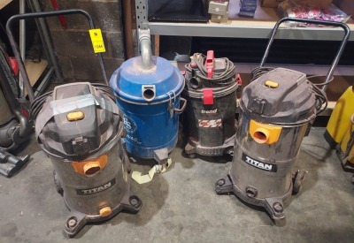 4 PIECE MIXED LOT CONTAINING 1 X TREND T33A 110 V WET AND DRY 25 L VACUUM CLEANER ( 2 WHEELS BROKEN ) / 1 X FARROWSYSTEM AIR VAC 172 ( NO ATTACHMENTS ) 2 X TITAN 40 L WET AND DRY VACUUM CLEANERS ( NO HOSES AND WHEELS BROKE )